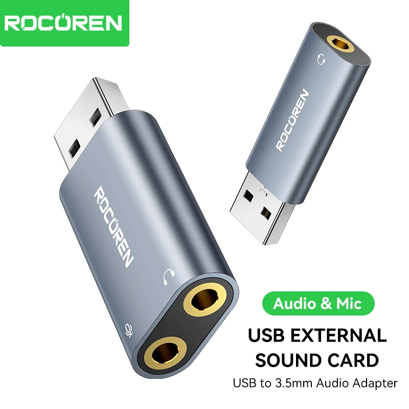 Rocoren placa de som usb externa para 3.5mm microfone fone de ouvido jack estéreo adaptador de microfone de áudio interface de alto-falante para laptop