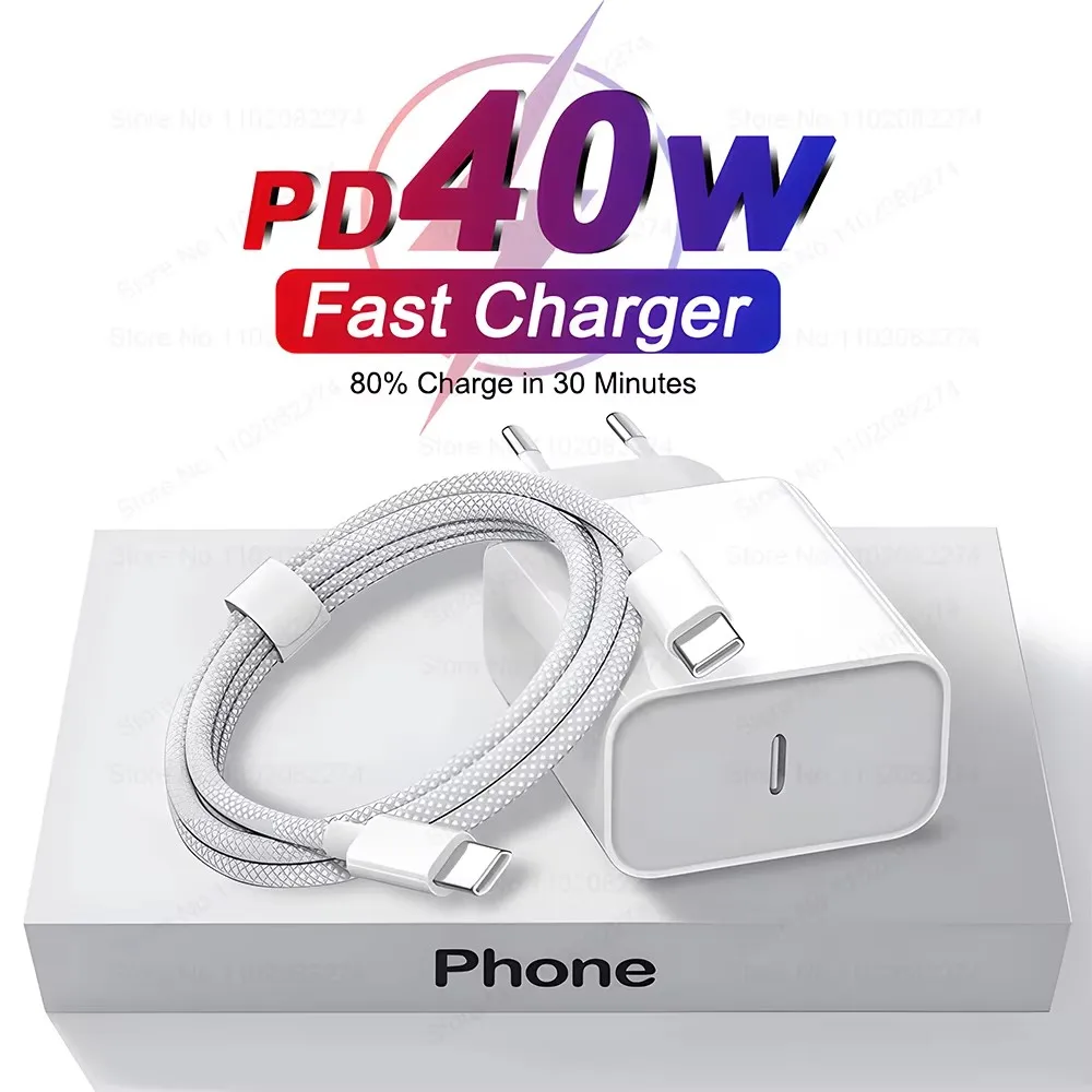 Carregador Rápido PD 40W para iPhone 16 15 11 12 13 14 Pro Max Plus iPad Air Cabo de Carregamento Rápido USB C Tipo C Linha de Dados Carregador de Telefone