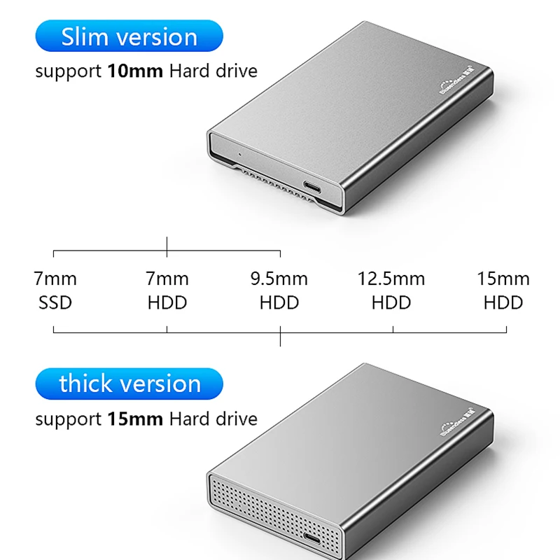 Caixa de alumínio Blueendless para HDD de 2,5 polegadas, gabinete externo para disco rígido SATA, gabinete USB 3.1 Tipo C para laptop
