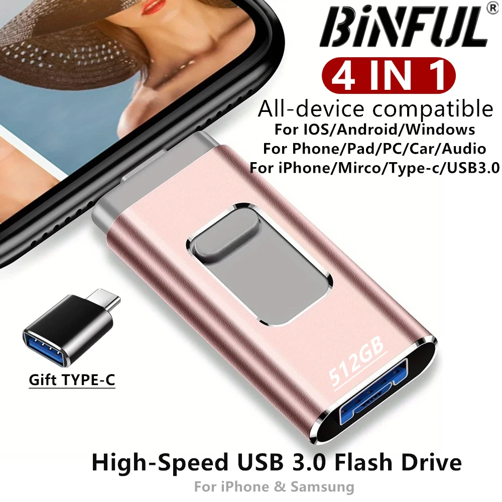 Pen Drive USB 3.0 de 512GB para iPhone, 256GB, 128GB, Armazenamento Externo para Celular, Android, PC, Copia Fotos, Vídeos e Arquivos