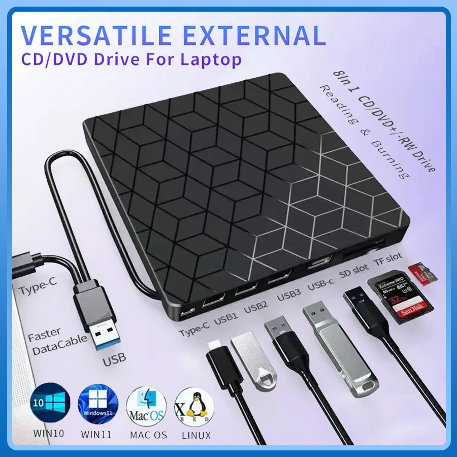 7 em 1 usb3.0 & tipo c cd dvd gravador player escritor externo gravador de dvd unidade óptica leitor portátil para portátil desktop notebook