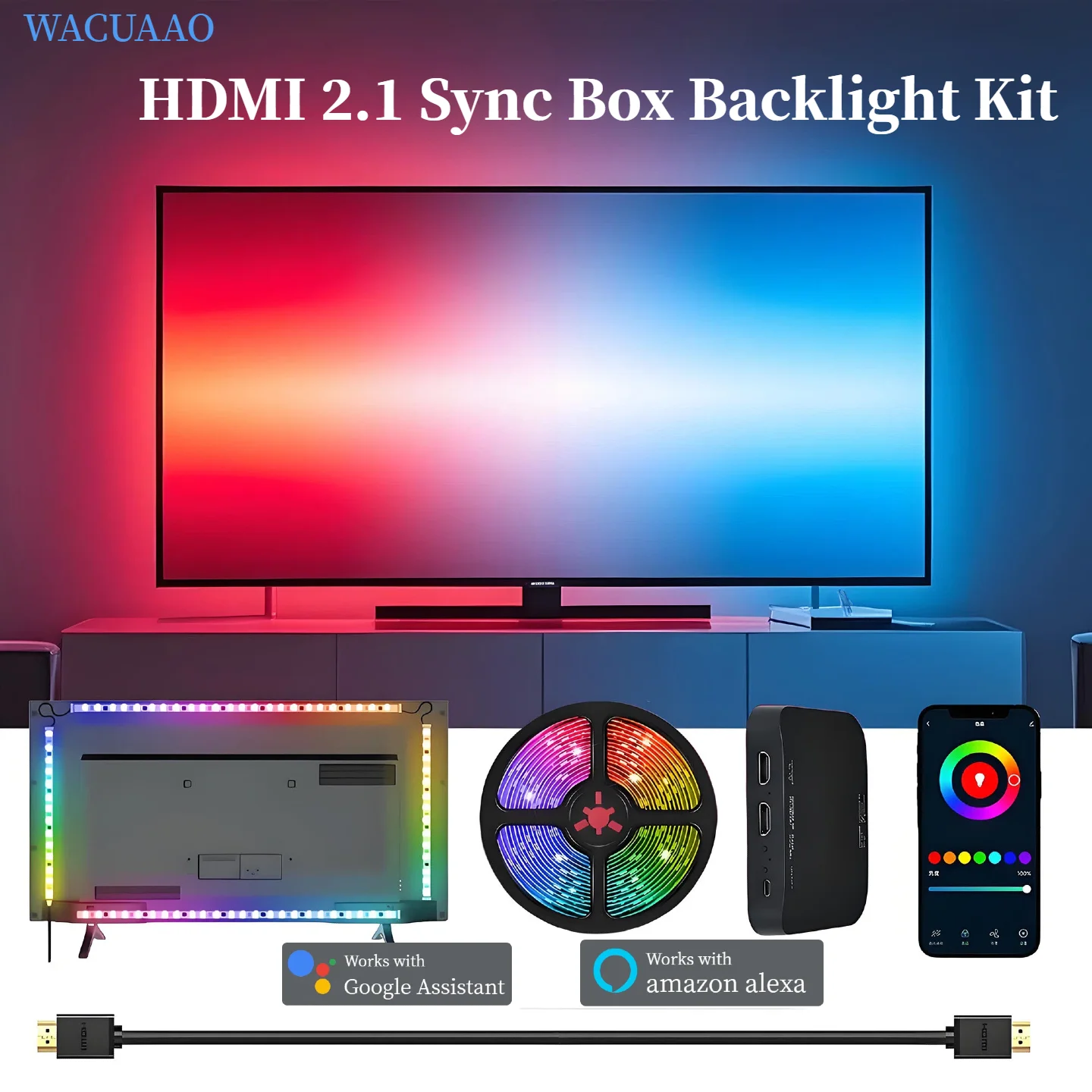 WACUAAO HDMI 2.1 TV Sync Box Kit de Luz de Fundo para Home Theater Imersivo, 4K 120Hz RGBIC para TVs de 40-85 polegadas, PS5, Xbox, Dolby Vision