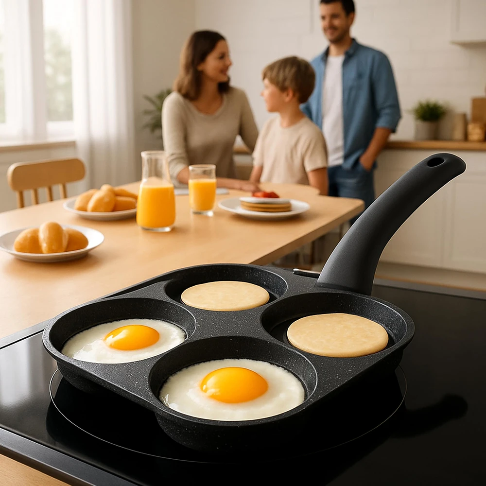 Panela Antiaderente para Fritar Ovos com 4 Compartimentos, Adequada para Fogão a Gás e Fogão de Indução