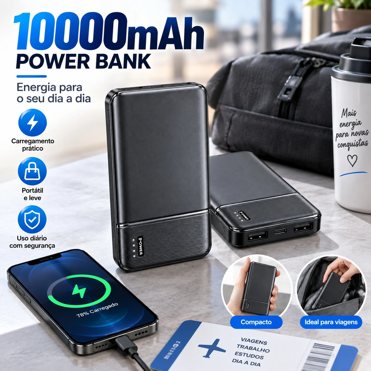 Power Bank Carregador Portátil 10000mAh Bateria Externa Com USB Para Celular E Uso Diário