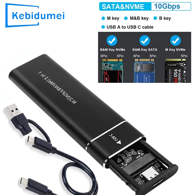 Case para SSD M.2 NVMe SATA, Adaptador de Enclosure USB 3.1 Tipo C de 10Gbps com Protocolo Duplo, Suporta Chaves M e B&M