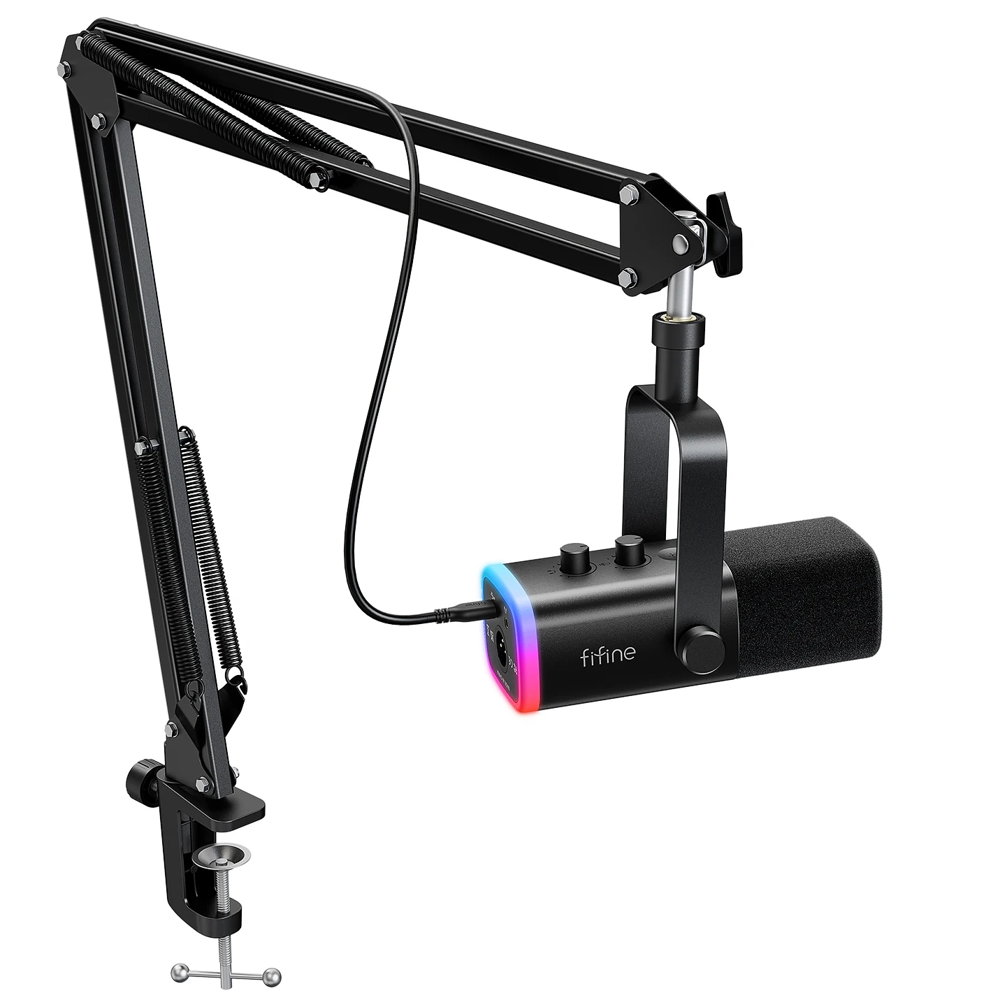 Kit de microfone para jogos FIFINE XLR/USB com entrada para fone de ouvido/mudo/RGB/suporte de braço, conjunto de microfone dinâmico para PC PS5/4 Mixer AmpliGame AM8T