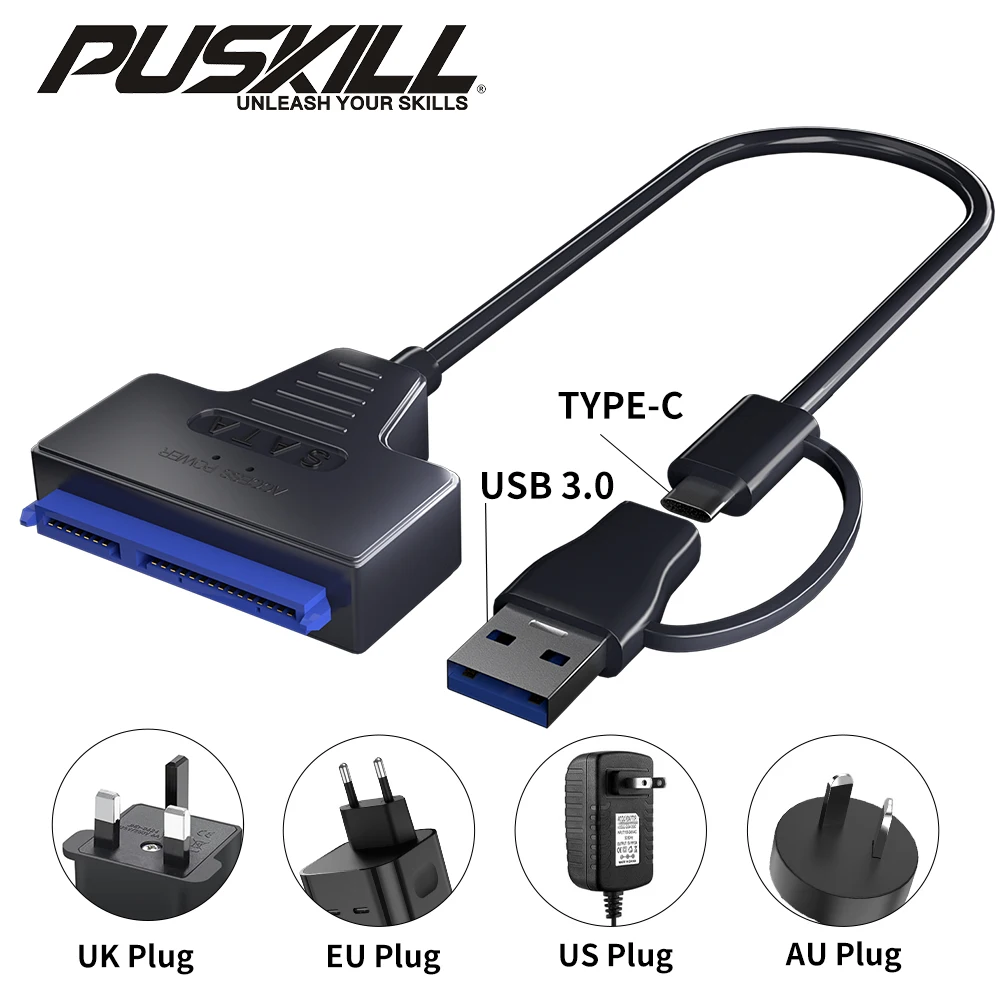 USB 3.0 para SATA tipo-c adaptador, cabo Sata, 2.5 ", 3.5", SSD, HDD, SATA III, disco rígido com 12V, adaptador de energia 2A