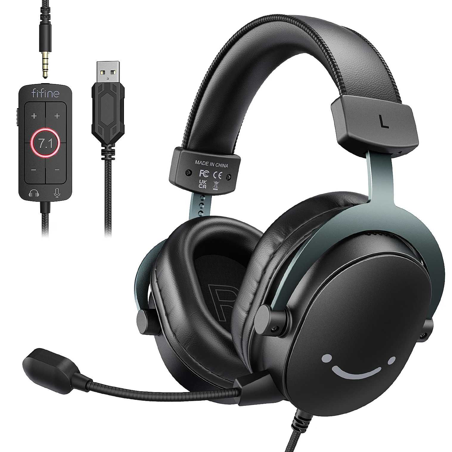 Fone de Ouvido FIFINE, Conector de 3,5 mm e USB com Som Surround 7.1/Controle de Volume/Interruptor de Silêncio para PC/MAC/PS4/PS5 Mixer-H9