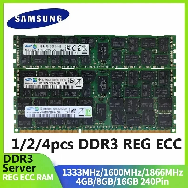 Memória RAM para Servidor Samsung DDR3 REG ECC Registrada 16GB 8GB 4GB 1866 1600 1333MHz PC3-12800R (1/2/4 Peças)
