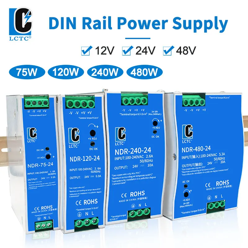 Fonte de alimentação de comutação LCTC NDR-75W 120W 240W 480W Trilho DIN industrial 12V 24V 48V AC/DC Transformador de energia de saída única