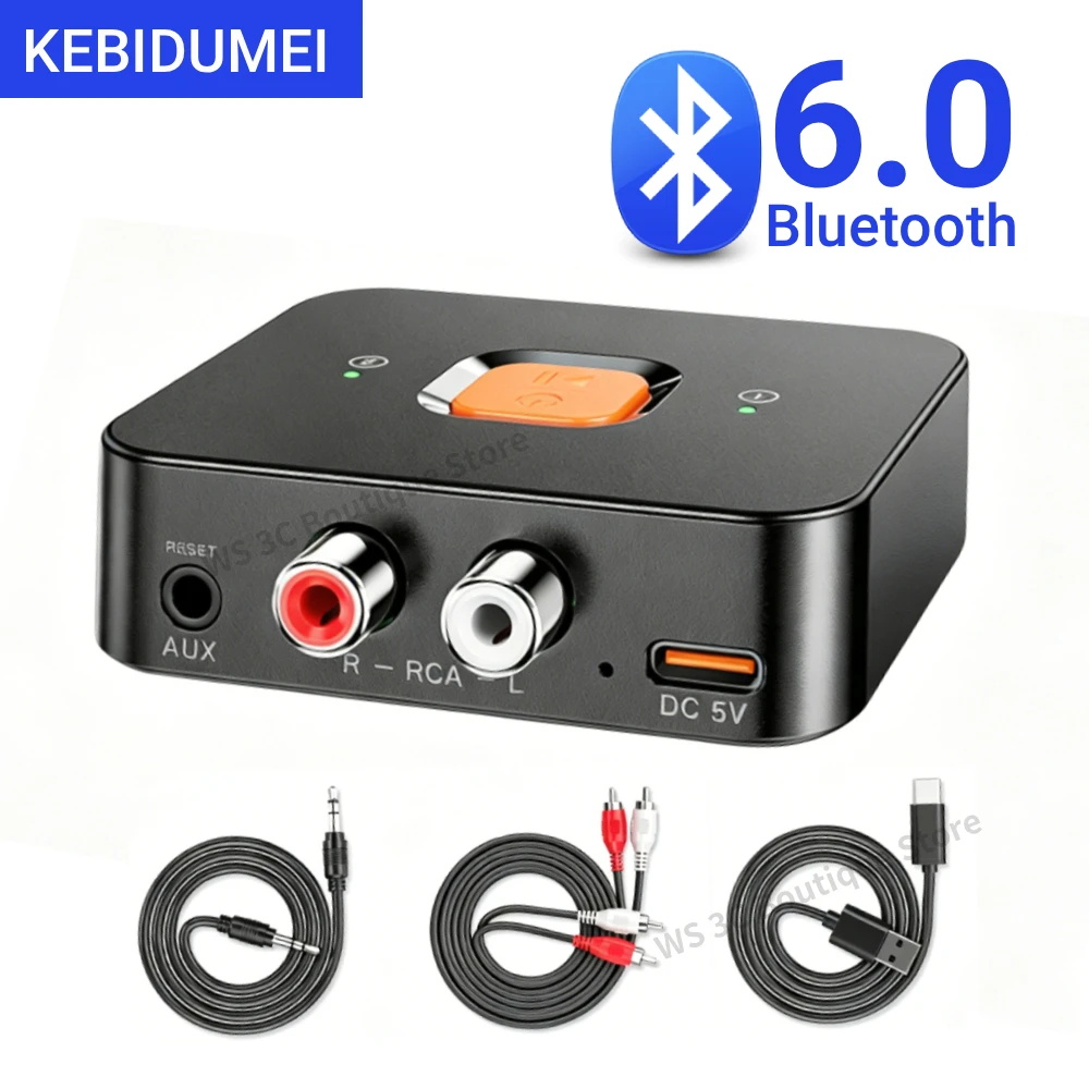 Receptor Bluetooth 6.0 KEBIDUMEI com Conector AUX de 3,5mm e Adaptador Sem Fio RCA com Microfone para Kit de Carro, Transmissor de Áudio, Amplificador e Caixa de Som Receptor Bluetooth 6.0 KEBIDUMEI com Conector AUX de 3,5mm e Adaptador Sem Fio RCA com Microfone para Kit de Carro, Transmissor de Áudio, Amplificador e Caixa de Som