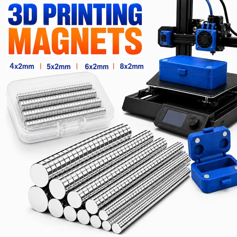 Conjunto de 120 ímãs para impressão 3D, 4x2, 5x2, 6x2, 8x2 mm, ímãs de neodímio potentes, kit de ferramentas para impressão 3D, multiuso para frigorífico e armazenamento.