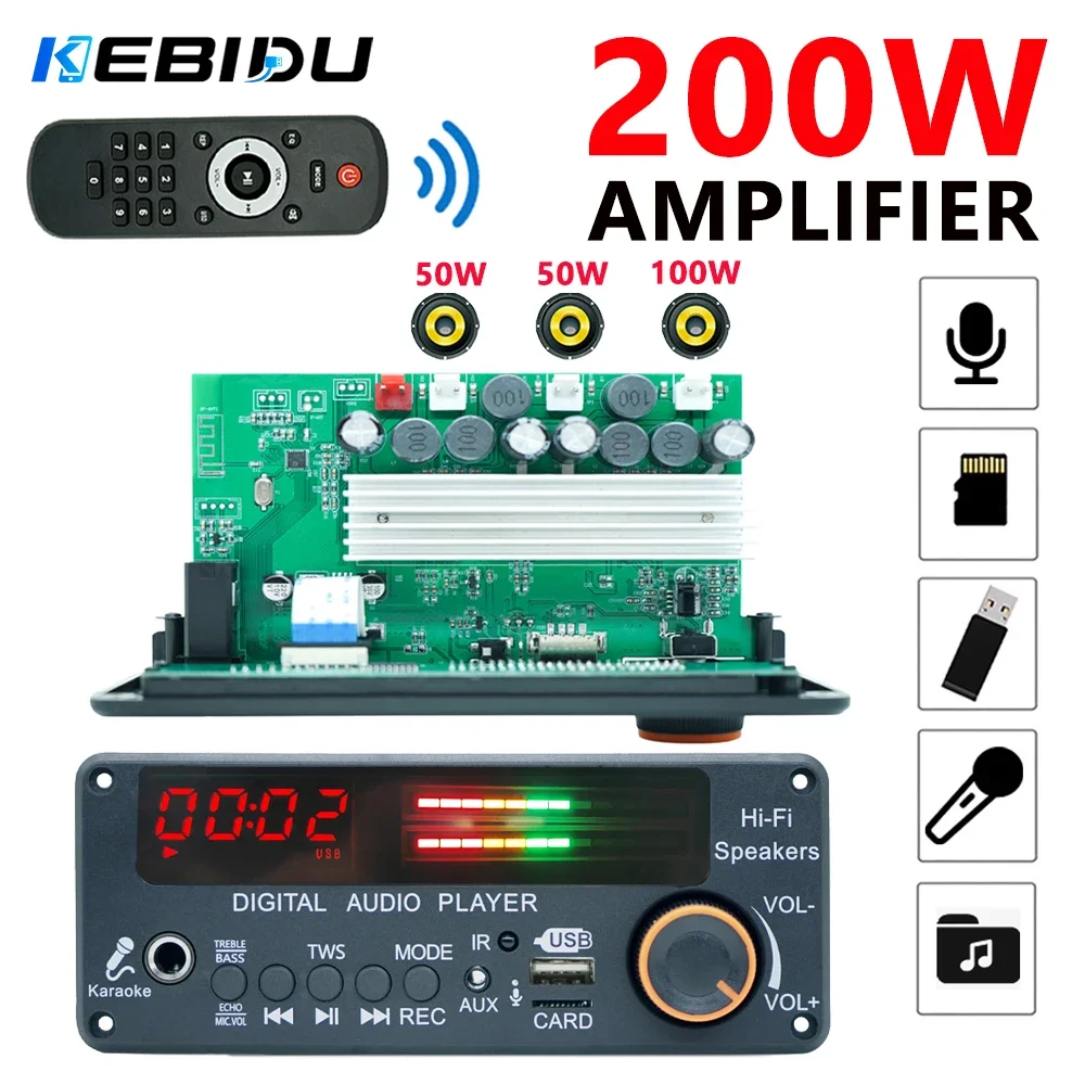 Amplificador KEBIDU 200W Bluetooth 5.3, Placa Decodificadora MP3, Player MP3 Sem Fio para Carro com Microfone, USB, TF, Rádio FM, Player de Música TWS