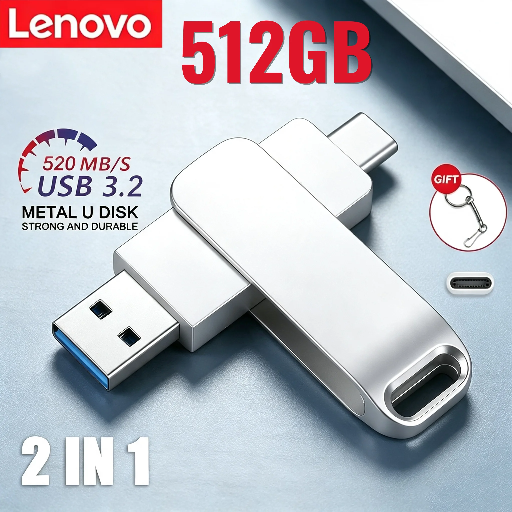 Pen Drive Lenovo 512GB USB 3.2 2 em 1, Unidade Flash de Alta Velocidade 256GB, Pendrive Metálico à Prova d'Água Tipo-C, Memória USB
