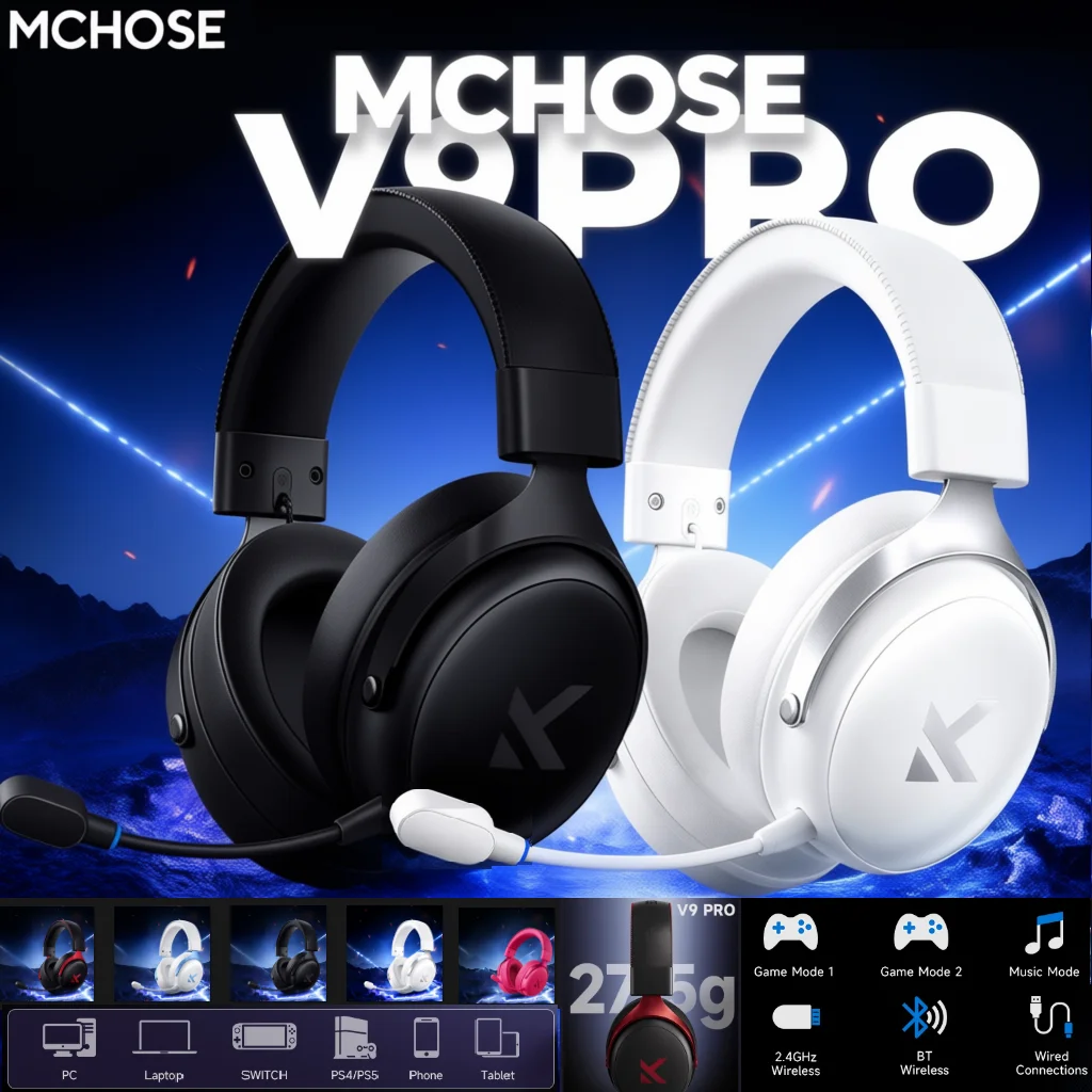 Fone de Ouvido Gamer MCHOSE V9 Pro Sem Fio com Som Surround 7.1, Três Modos, Baixa Latência e Microfone com Cancelamento de Ruído para PS5, PC e SWITCH