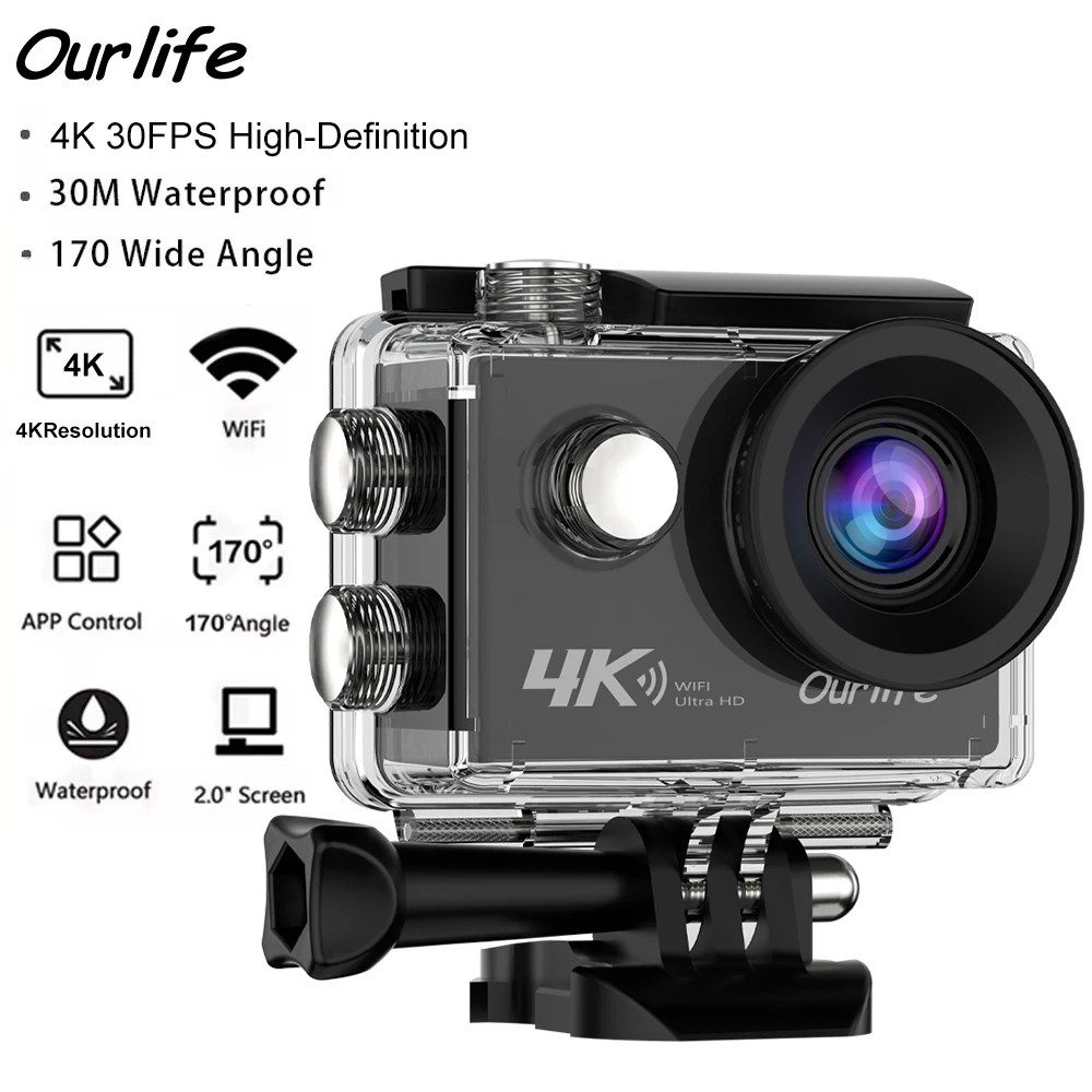 Ourlife 4k câmera de ação ultra hd 16mp wifi 2.0 polegada tela 170d dvr webcam subaquática 30m capacete gravação vídeo câmera esportiva