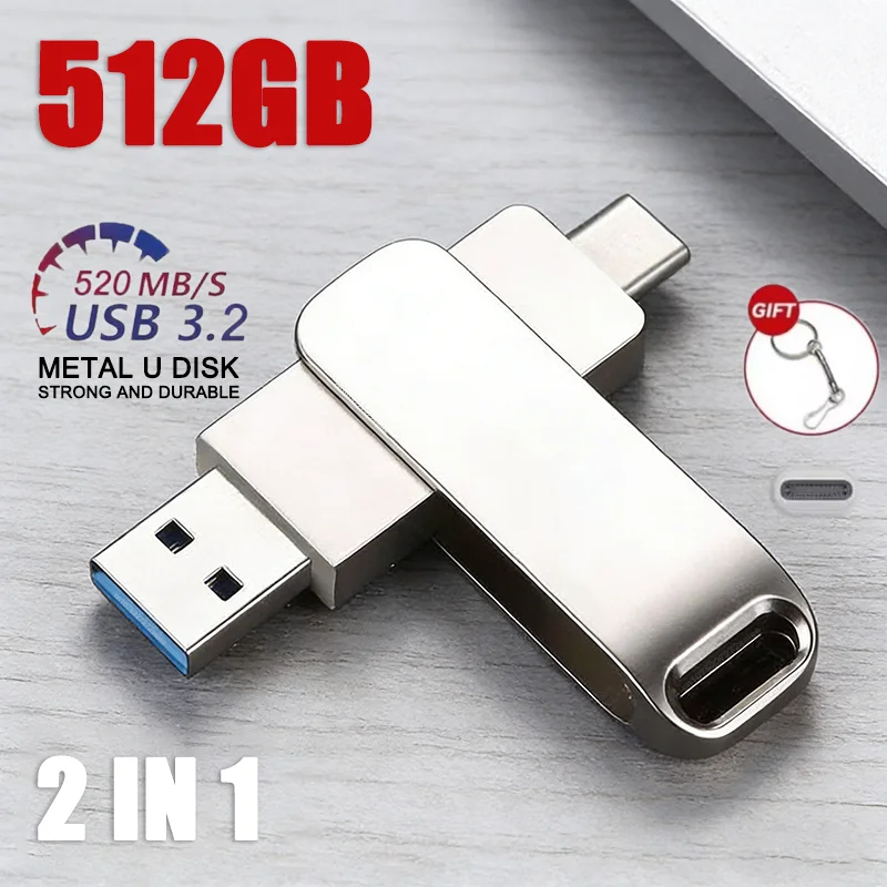 Pen Drive USB 3.2 de 512GB, Alta Velocidade, Metal, 2 em 1, Tipo C, à Prova d'Água, Grande Armazenamento para Telefone, Computador, Armazenamento de Dados, Novo