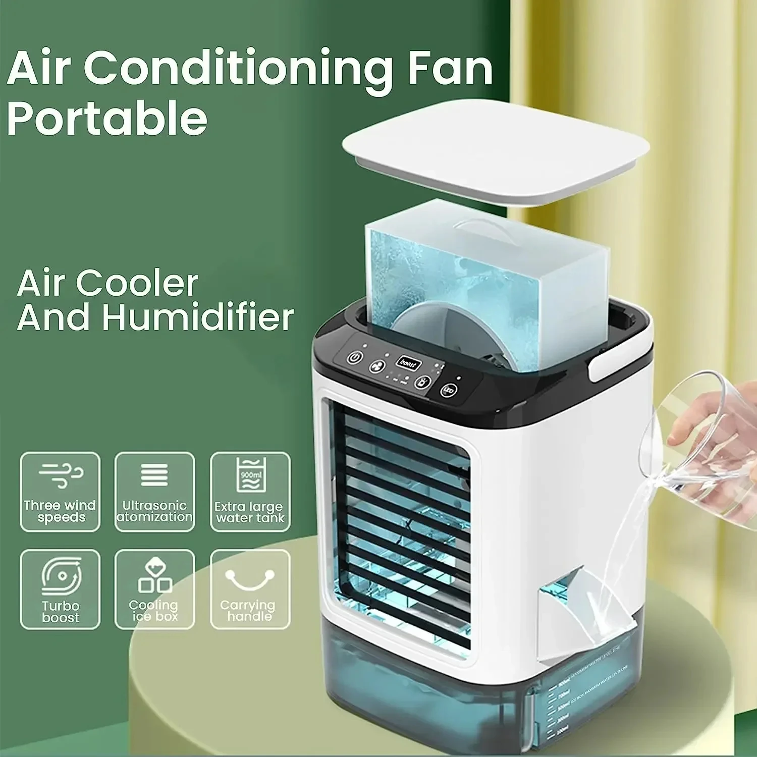 Ar condicionado portátil de 3 velocidades, pequena unidade ac, mini refrigerador de ar, tanque de água de 900ml, ventilador elétrico com umidificador para quarto e escritório Ar condicionado portátil de 3 velocidades, pequena unidade ac, mini refrigerador de ar, tanque de água de 900ml, ventilador elétrico com umidificador para quarto e escritório