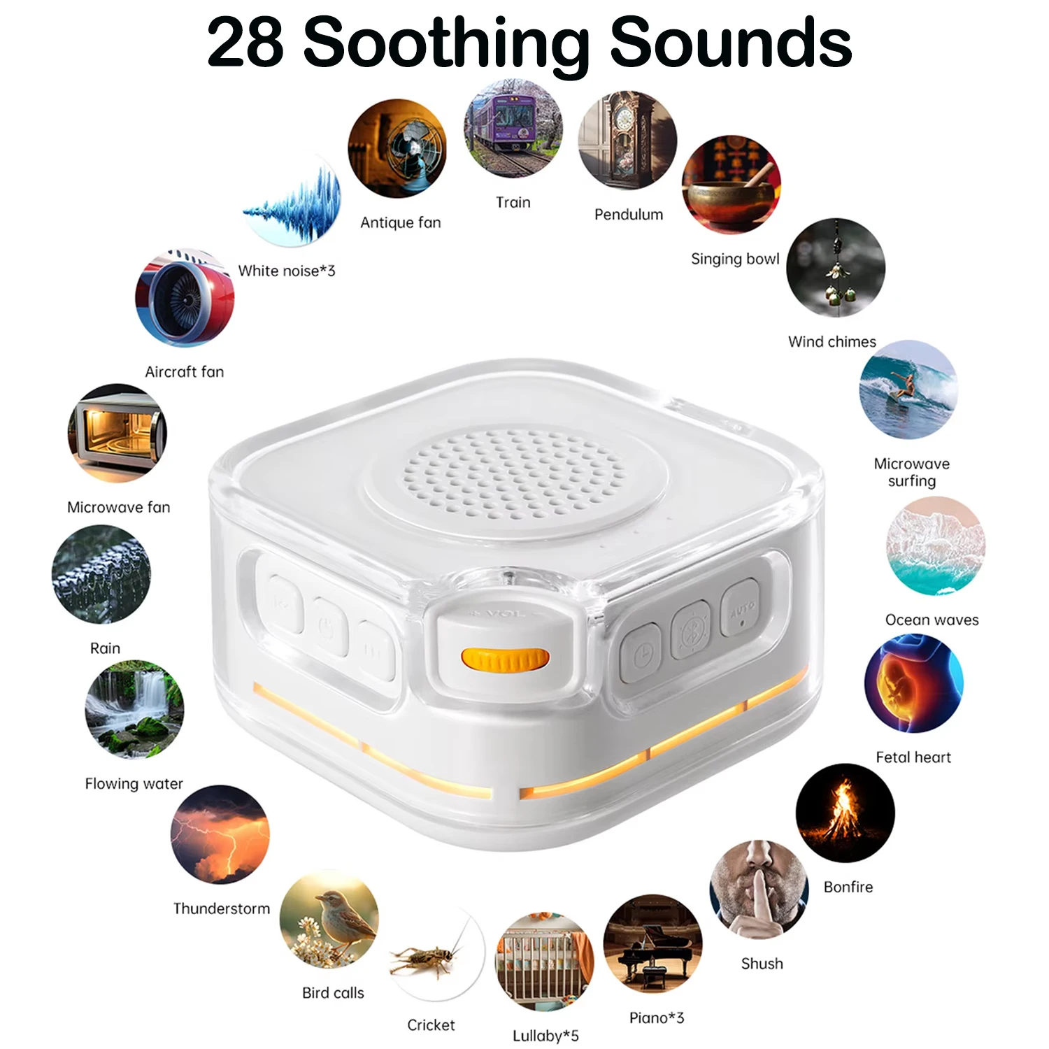 Máquina de Som de Ruído Branco, 28 Sons Relaxantes, Luz Noturna com 3 Níveis, Detecção Automática de Ruído, Auxiliar de Sono Portátil e Caixa de Som Bluetooth