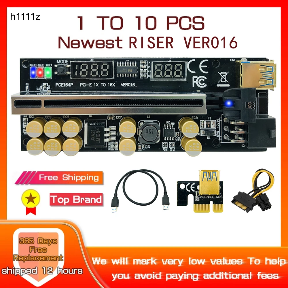 1-10 pces pcie riser para placa de vídeo riser 016 usb 3.0 tensão temperatura gpu riser pci express x16 extensor 6pin power para mineração