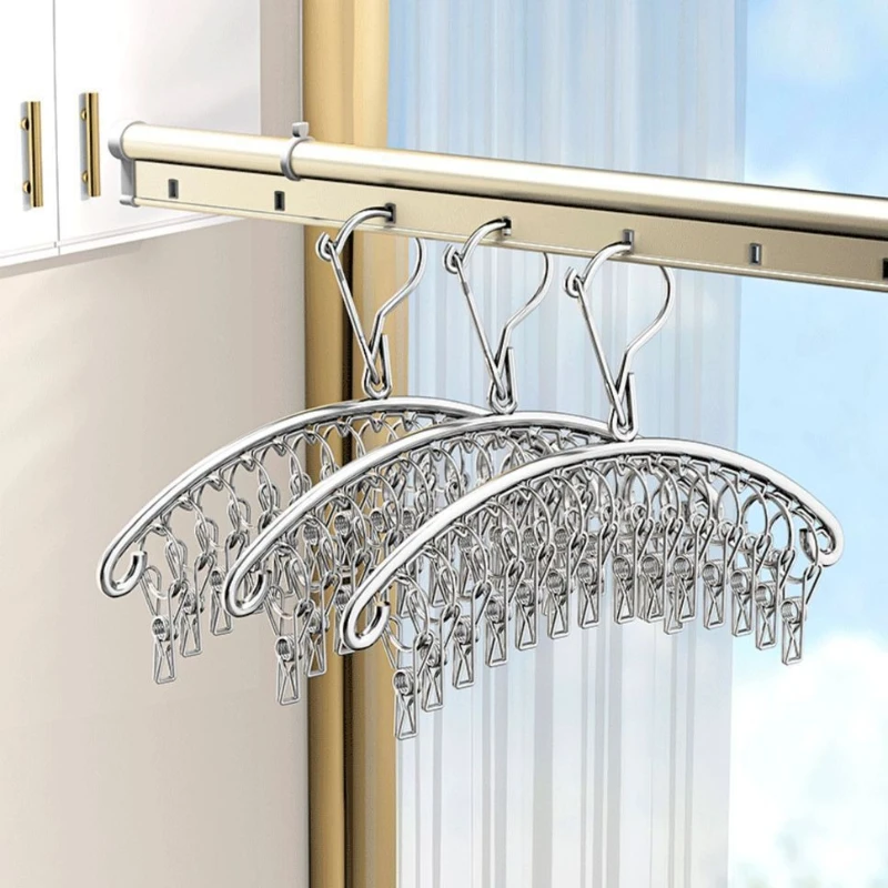 Cabide de lavanderia de aço inoxidável resistente 20 clipe à prova de vento meia secador rack organizador de vestuário curvo para casa dormitório roupas airer