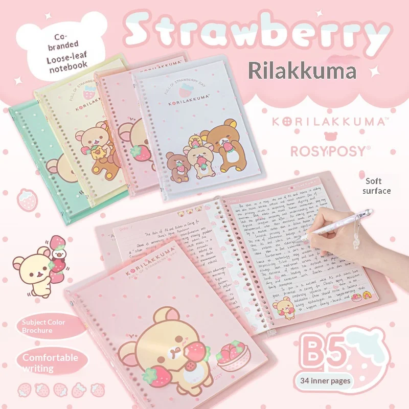 Caderno de Folhas Soltas Rosyposy Korilakkuma Strawberry B5 com Capa Mole, Diário Fofo para Estudo Diário, Escrita e Anotações Caderno de Folhas Soltas Rosyposy Korilakkuma Strawberry B5 com Capa Mole, Diário Fofo para Estudo Diário, Escrita e Anotações