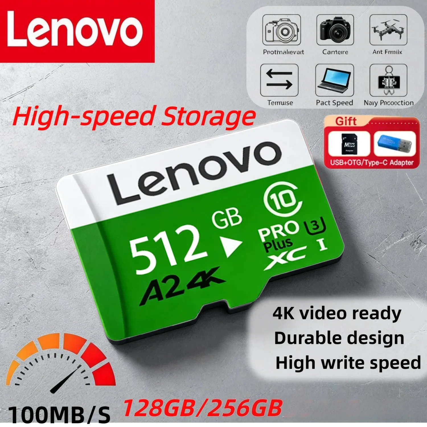 Cartão de Memória Lenovo de Alta Resistência para Monitoramento de Vídeo, Cartão TF 64GB 128GB 512GB, Cartão Micro TF SD Dourado para Smartphone, Câmera e Drones