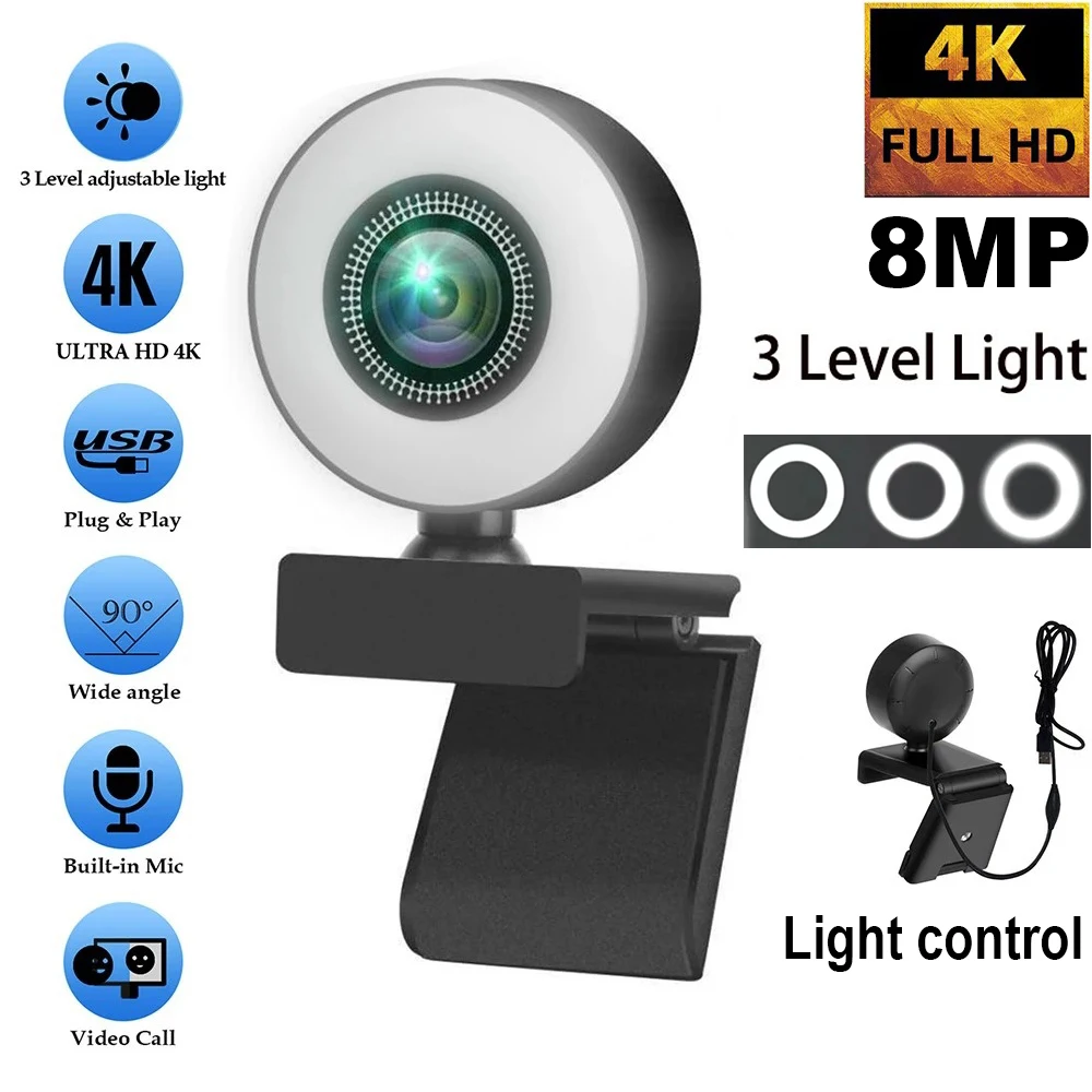 Webcam 4K 2K 1080P com Controle de Luz, Full HD 8MP, Foco Automático, Flexível com Microfone para Transmissão ao Vivo em PC e Laptop Webcam 4K 2K 1080P com Controle de Luz, Full HD 8MP, Foco Automático, Flexível com Microfone para Transmissão ao Vivo em PC e Laptop