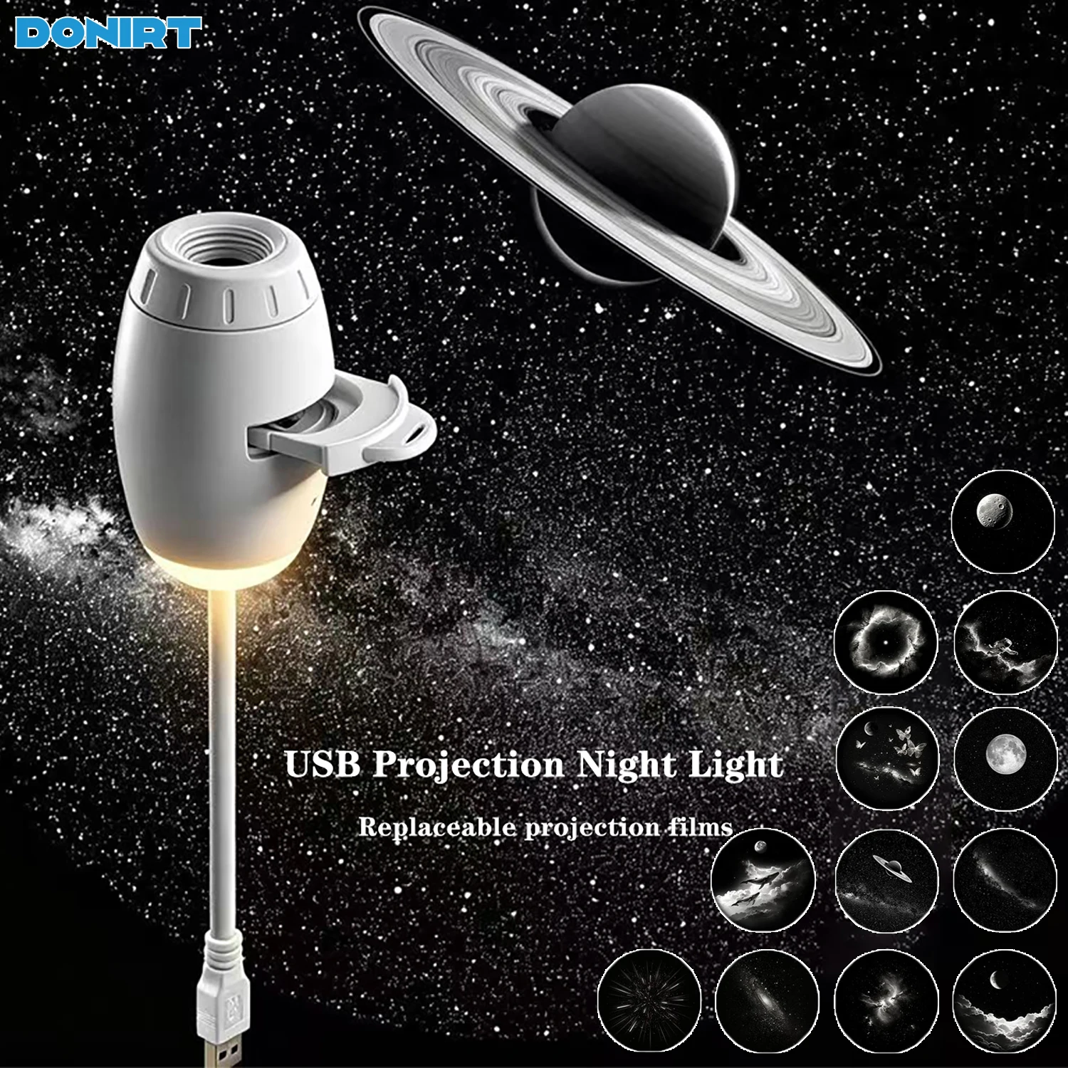 Nova Lâmpada Projetora USB 2 em 1 com Foco Manual, Projetor de Galáxia, Lâmpada Ambiente para Carro, Luzes Noturnas Românticas de Lua, Saturno e Estrelas para Quarto