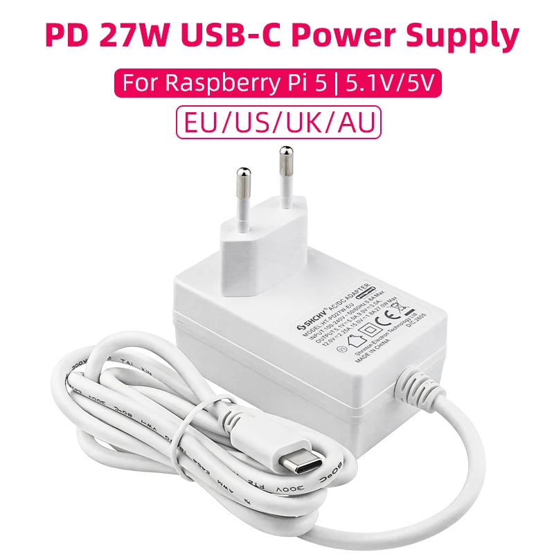 Fonte de Alimentação PD 27W para Raspberry Pi 5 5.1V 5A Carregador USB Tipo C Adaptador de Energia com Plugue EU US UK AU para Raspberry Pi 5 4B RPI 5 Pi5 Fonte de Alimentação PD 27W para Raspberry Pi 5 5.1V 5A Carregador USB Tipo C Adaptador de Energia com Plugue EU US UK AU para Raspberry Pi 5 4B RPI 5 Pi5