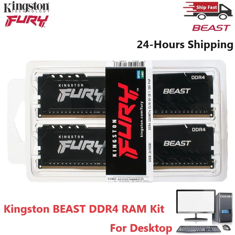 Memória RAM Kingston BEAST DDR4 para Desktop DIMM 16GB (2x8GB) 32GB (2x16GB) Kit 2666MHz 3200MHz 288 Pinos para Desktop