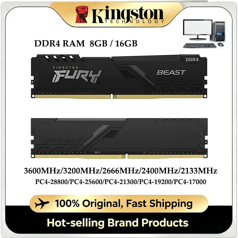 Memória RAM Kingston FURY Beast DDR4 para Desktop, 8GB 16GB 32GB, 2400/2666/3200/3600MHz, Módulo de Memória PC4 288Pin 1.2V para PC Gamer