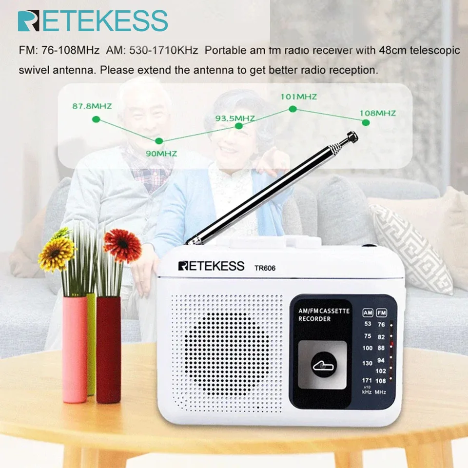 Retekess tr606 branco cassete reprodução rádio fm/am gravador de voz portátil suporte embutido/microfone externo gravação usb c