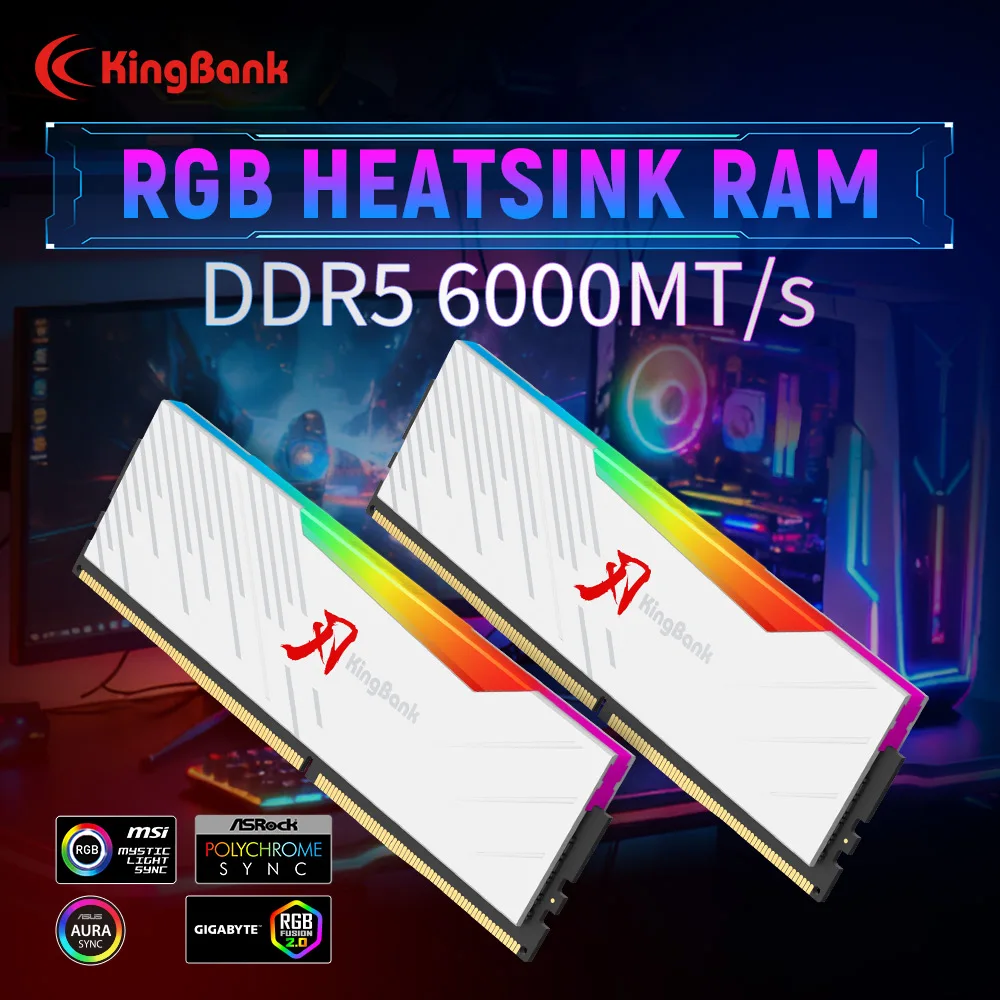 Memória RAM KINGBANK KRRW DDR5 RGB 16GBx2 6000MHz CL30 para Computador Desktop Hynix M Die para Jogos e Overclocking com Dissipador de Calor