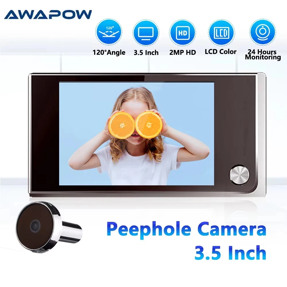 Awapow Câmera olho mágico de porta sem fio Campainha digital de 3,5 polegadas 120 ° Monitor de tela LCD Segurança doméstica sem necessidade de WiFi