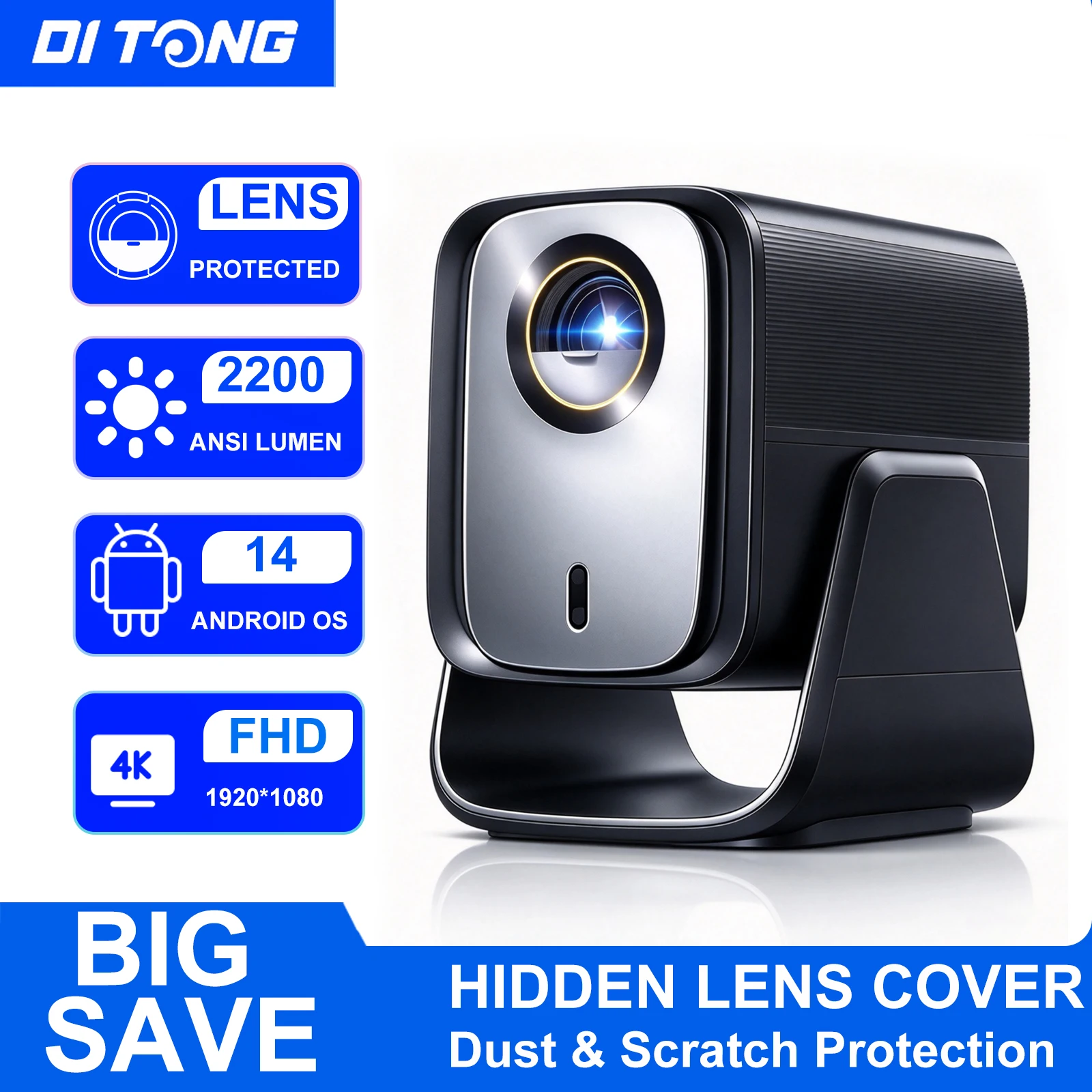 Projetor DITONG HT3 HD Nativo 1080P Suporta 4K WIFI6 BT5.4 Projetor Mini Portátil Android LED Projetor de Vídeo para Home Theater