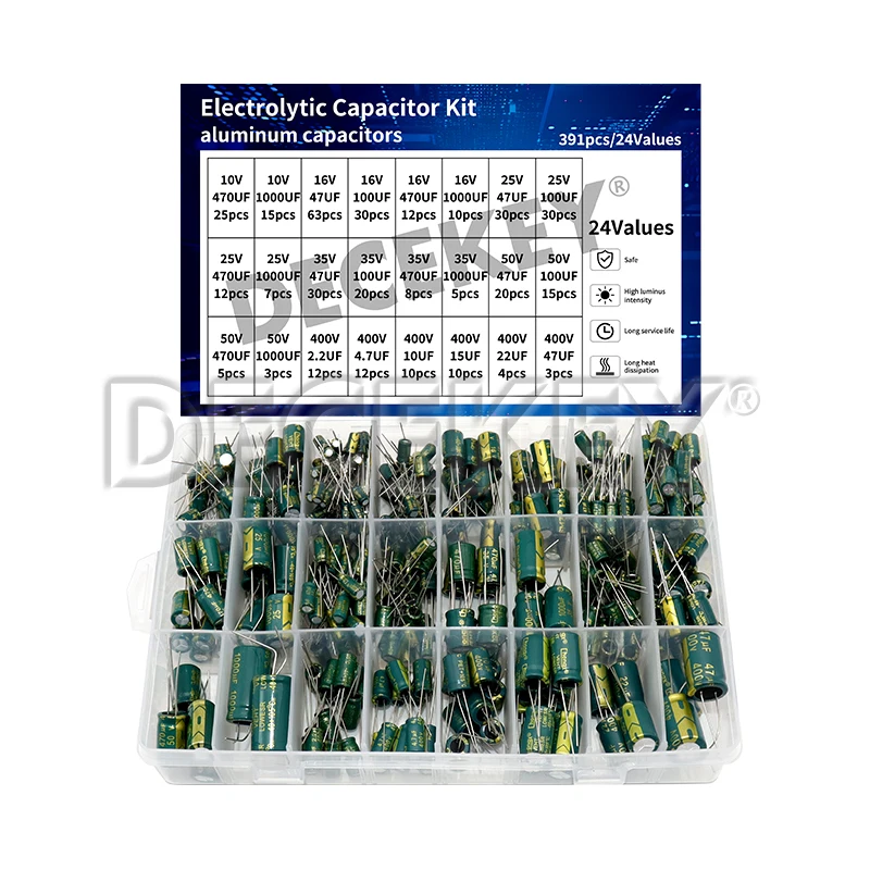 391pcs Kit de capacitor eletrolítico de alta frequência 24 valores 10V 16V 25V 35V 50V 400V para TV LCD Monitor Game