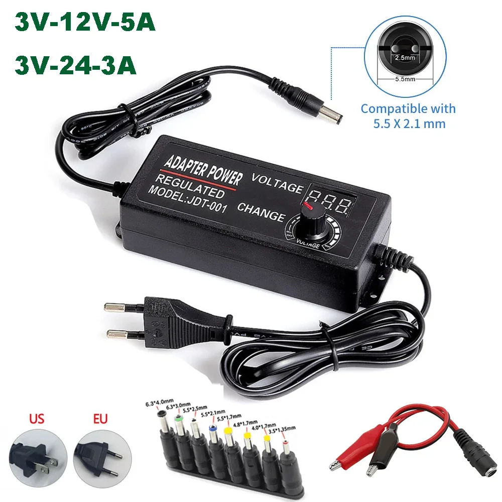 Fonte de Alimentação Ajustável AC para DC 3V 5V 6V 9V 12V 15V 18V 24V 3A 5A Fonte de Alimentação Universal Adaptador DC de 8 Pinos 48W 60W 72W