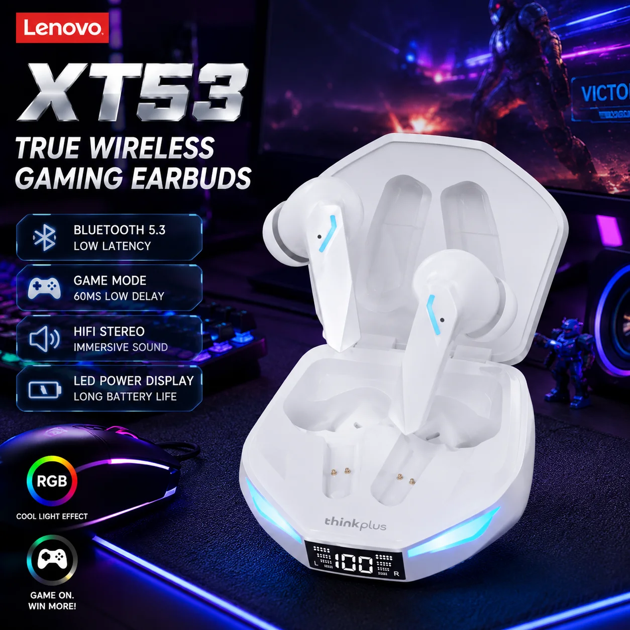 Fones de Ouvido Sem Fio Lenovo XT53 Bluetooth 5.3 para Jogos com Baixa Latência, Modo Duplo, Música, Esportivos, Intra-auriculares com Microfone, Novos Presentes Fones de Ouvido Sem Fio Lenovo XT53 Bluetooth 5.3 para Jogos com Baixa Latência, Modo Duplo, Música, Esportivos, Intra-auriculares com Microfone, Novos Presentes