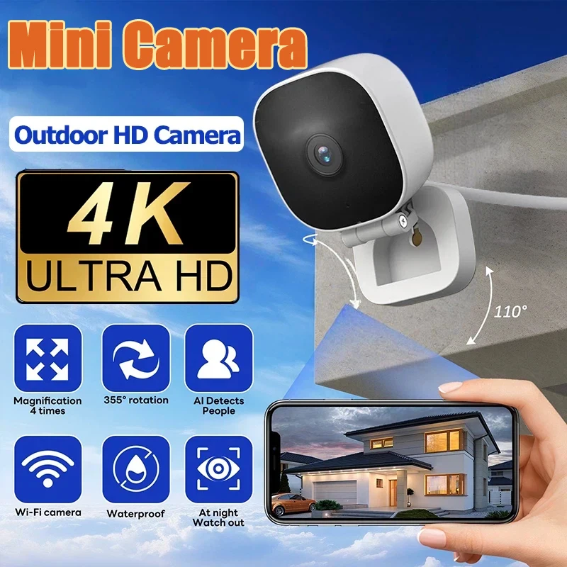 Câmera Mini Sem Fio 4K HD com Lente Grande Angular, Webcam para Monitoramento Interno com Versão Noturna, Áudio Bidirecional, Câmera à Prova d'Água IP65 ﻿ 2026