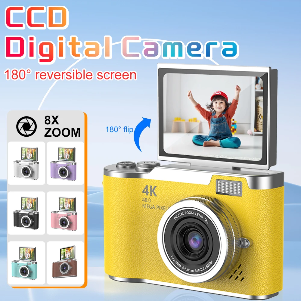 Câmera digital 8X Zoom digital Gravador de vídeo vintage 180 ° Câmera fotográfica digital compacta com tela flip para brinquedos infantis
