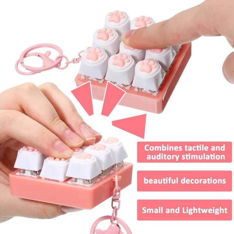 Chaveiro Fidget 9Keys com Tecla em Formato de Pata de Gato, Chaveiro de Teclado Mecânico com Luz LED para Alívio do Estresse, Presente para Mulheres, Homens, Adolescentes e Gamers