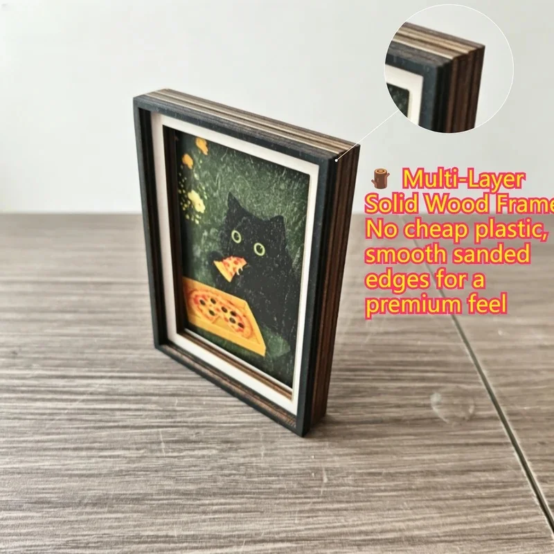 Mini porta-retratos de 3 camadas, um presente requintado para a geladeira, com motivos de gato preto e pizza, um acessório divertido para decorar a casa, um presente original e especial para as festas.