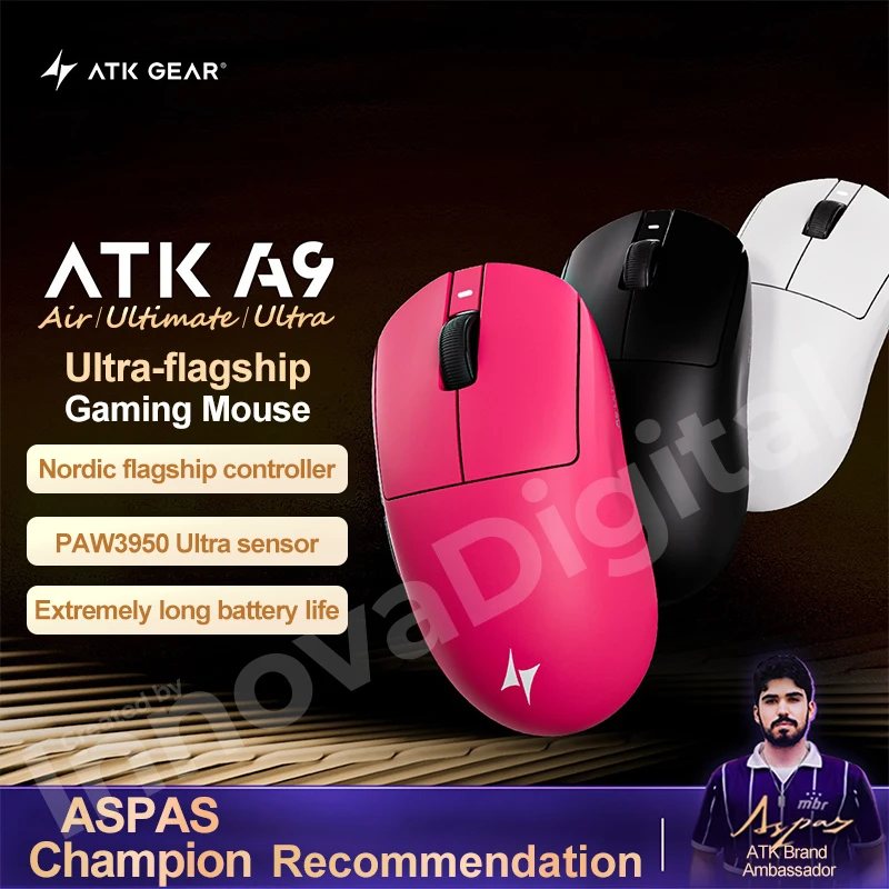 Mouse Gamer Sem Fio ATK Dragonfly A9 Ultimate A9 Air PAW3950 Ultra Leve Ergonômico para E-sports FPS CSGO A9 Ultra