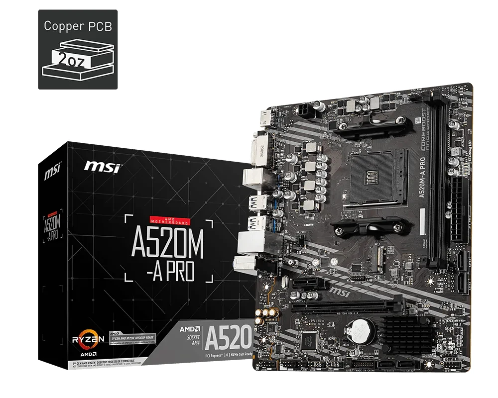 Placa-mãe MSI A520M-A PRO AM4 nova, memória RAM DDR4, compatível com CPUs AMD A520 Ryzen 5 5600G/5600 7 5800X/5700G, M.2 Micro-ATX