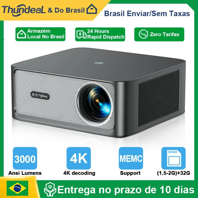 Projetores no brasil Projetor portátil ThundeaL TD98Pro Full HD 1080p 3000 ANSI Lúmens com Android 4K e Wi-Fi TD98 Pro 2 GB/32 GB Projetor inteligente para vídeo cinema em casa e jogos Para apresentação