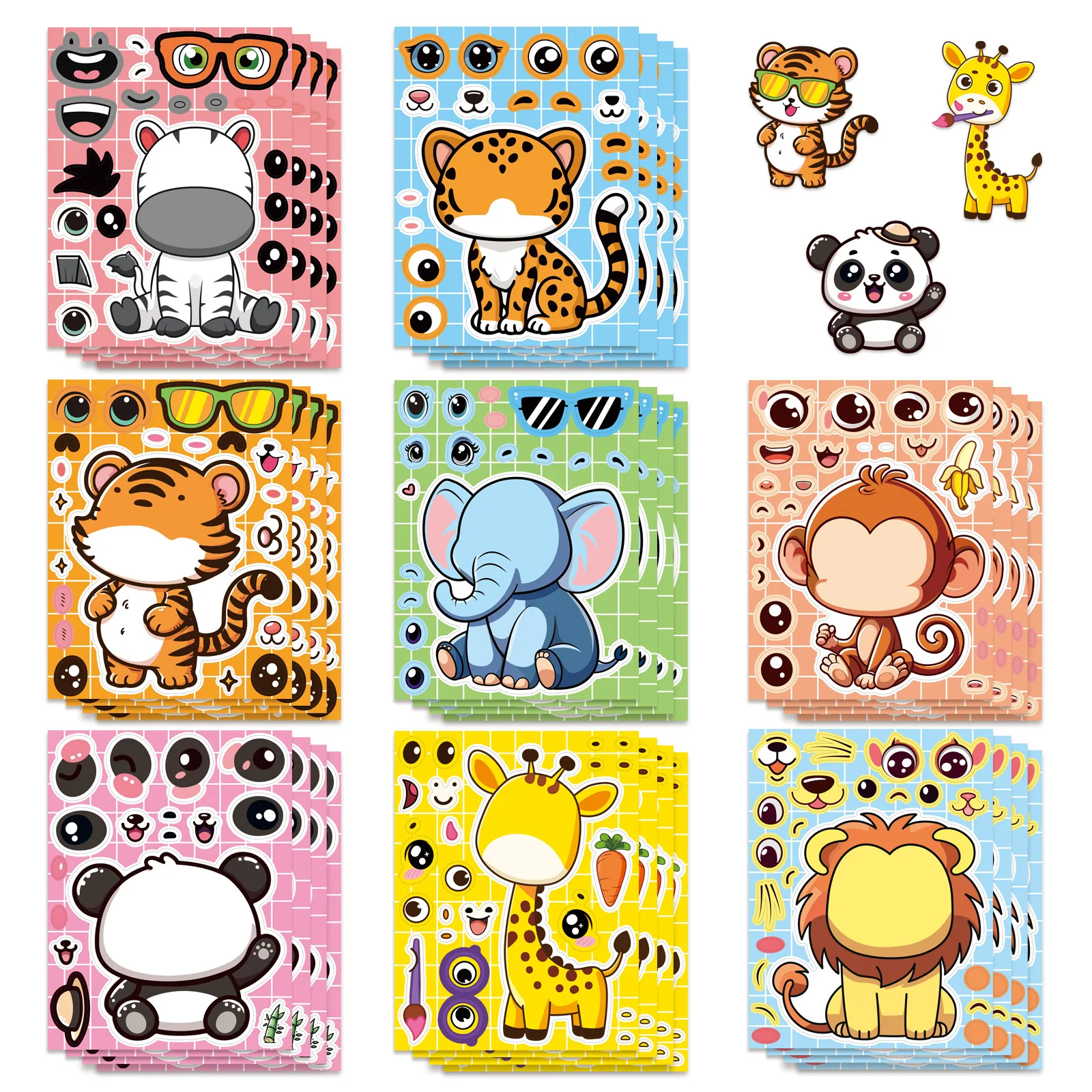 Adesivos de Quebra-Cabeça de Animais em Desenho Animado DIY: Crie uma Cara - Adesivos Decorativos Impermeáveis para Cadernos, Malas e Material Escolar