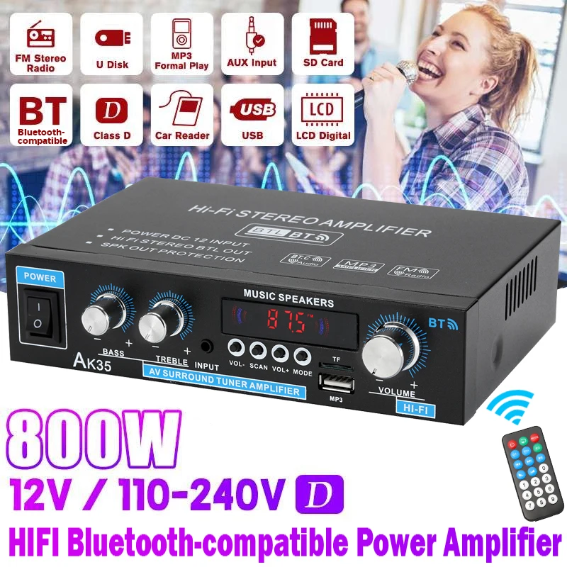 Ak45/ak35 800w amplificador de potência doméstica 2 canais bluetooth 5.0 mini amplificador de som estéreo digital hifi suporte fm usb entrada de microfone sd