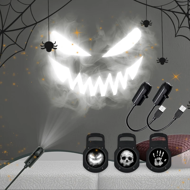 Halloween usb projetor luz crânio nightlight fantasma lâmpada led 360 graus de rotação comutável padrão design ambiente escuro & noturno