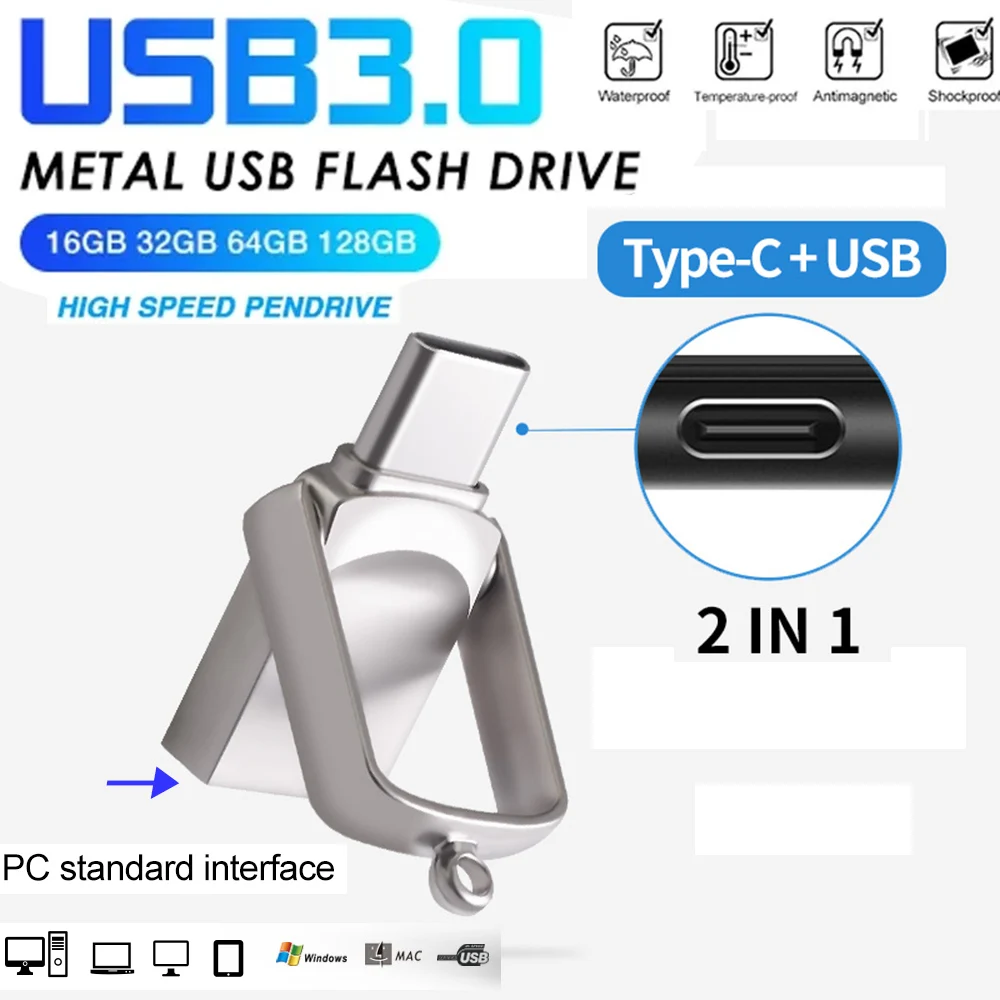 Impermeável de alta velocidade Metal Pen Drive, USB 3.0 Flash Drive, Stick Gift, U Disk, Tipo-C, USB 3.0, 25 GB, 128GB, 2in 1